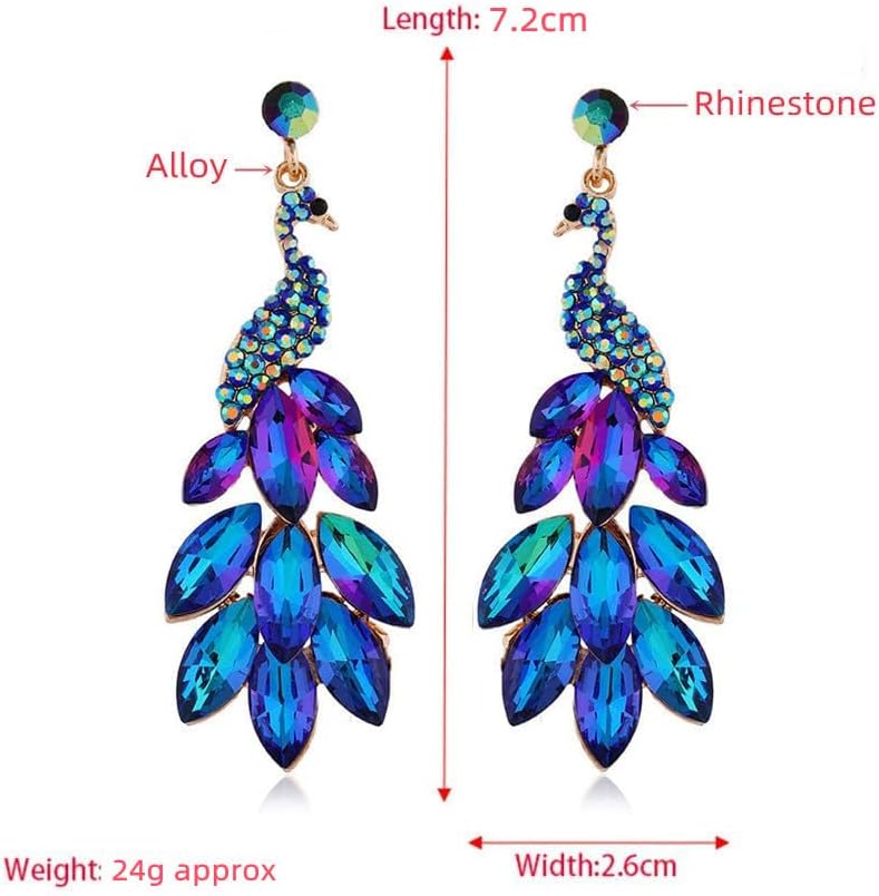 Dtja Vintage Peacock Dangle Earrings for Women 14K Gold Plated Green Crystal Feather Peafowl Statement Drop Dangling Stud Earring Boho Exaggerated Birthday Holiday Jewelry Gifts - Image 5